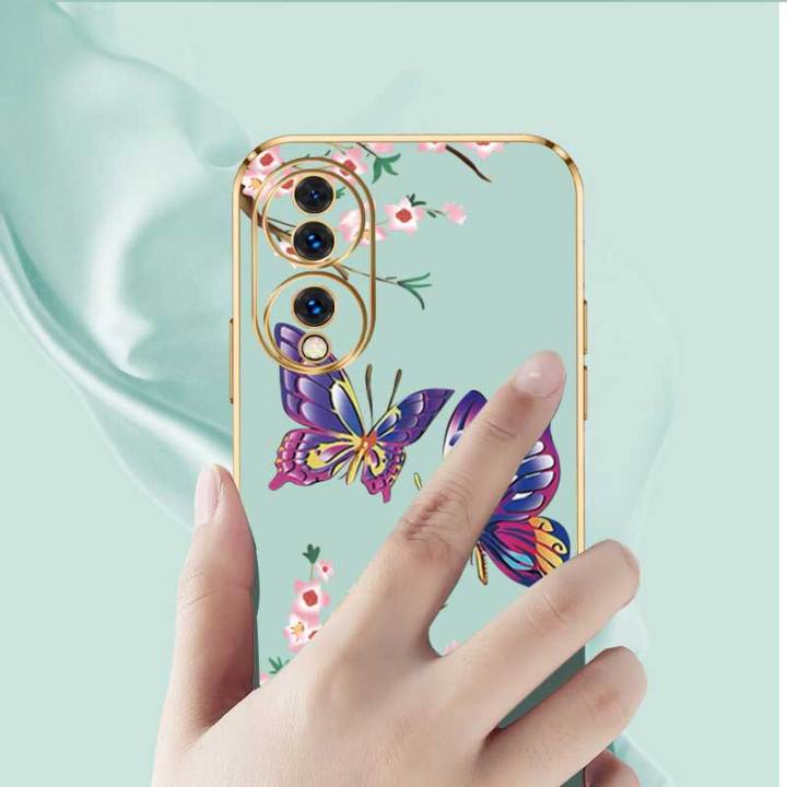 เคสสำหรับ-honor-70-5g-huawei-nova-9se-nova-9ผีเสื้อที่สวยงามหรูหราพร้อมเคสป้องกันกล้องดอกไม้เคสโทรศัพท์ขอบชุบซิลิโคนนิ่มพร้อมฟรีสายคล้อง