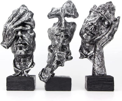 fumisee 3 Pcs Thinker Statue, Silence is Gold Abstract Art Figurine, No Hear No See No Speak Modern Home Resin Sculptures Decorative Objects Desktop Decor(Silver) Gold,silver