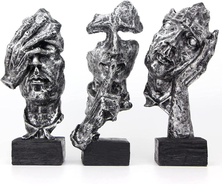 fumisee-3-pcs-thinker-statue-silence-is-gold-abstract-art-figurine-no-hear-no-see-no-speak-modern-home-resin-sculptures-decorative-objects-desktop-decor-silver-gold-silver