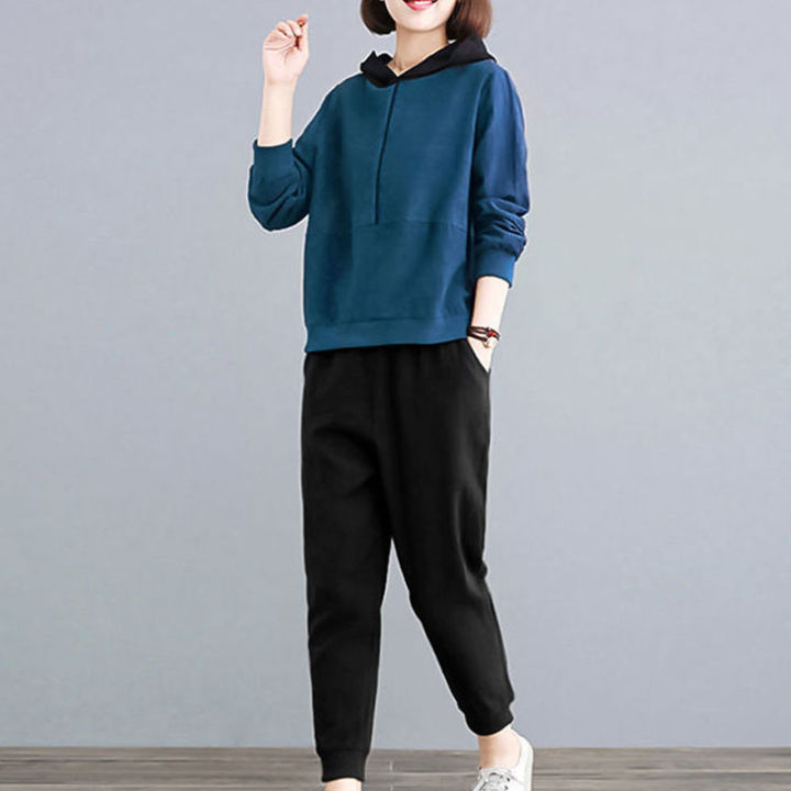 xiang-nian-ni-2ชิ้นสำหรับสตรีชุดกีฬาหลวมเสื้อกันหนาวกางเกงลำลองสองชุด