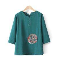 ☄◙ 【มีไซส์ใหญ่】Plus Size Muslimah Fashion Tops Women Floral Embroidery Spring Summer Blouses Oversized 3/4 Sleeve Top