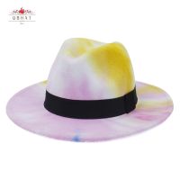 【Explosion umbrella】 QBHAT ผู้ชายผู้หญิงผูกย้อมรู้สึกแจ๊ส Fedora หมวกด้วยริบบิ้นสีดำวงปีกกว้าง F Ascinator Multicolor ปานามาพรรคหมวกอย่างเป็นทางการ