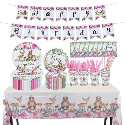 【High-end cups】 WoodlandDisposable Tableware Set แผ่นกระดาษ CupsZoo FoxDeer Baby Shower Birthday Party Decoration