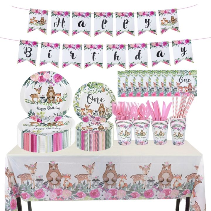 high-end-cups-woodlanddisposable-tableware-set-แผ่นกระดาษ-cupszoo-foxdeer-baby-shower-birthday-party-decoration