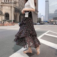 ◎❃► 2022 Summer Women Midi Skirts Korean Ruffles Bohemian Skirts Ladies Holiday Polka Dot Layer Flare Beach Skirt High Waist Skirts