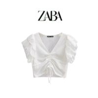 COD DSFDGRERERER ZARA เสื้อเชิ้ตแขนสั้น คอวี แต่งจับจีบ สีพื้น สไตล์ฝรั่งเศส แฟชั่นฤดูร้อน สําหรับผู้หญิง 2022