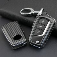 Lifu ห่วงโซ่ฝาครอบเคส Fob กุญแจรถยนต์แบบกดปุ่มคาร์บอนไฟเบอร์สำหรับ Toyota C-HR Camry