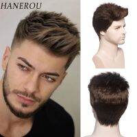 HANEROU ผู้ชายสั้นวิกผม Pixie Cut ธรรมชาติตรง Ombre สีน้ำตาลวิกผมไฟเบอร์ทนความร้อนสำหรับคอสเพลย์ทุกวัน Part