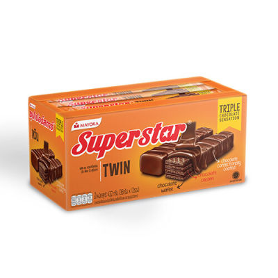 เวเฟอร์ Superstar Twin เคลือบและสอดไส้ครีมรสช็อกโกแลต 1กล่อง  32กรัม x 12 ซอง
