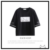 QXshop ✨เสื้อยืดคอกลม สีพื้น ให้มี้ลือก 2 สี สีขาว ดำ สกรีนลายน้องแมวสุดน่ารัก  เครื่องประดับน่ารัก กราฟิตี้ สไตล์โมริ เหมือนเด็ก?