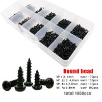 【LZ】 Kit de parafusos de madeira escareado 1000 peças m1 m1.2 m1.4 m1.7 preto pequeno cruz phillips redondo cabeça escareada auto-roscante kit de sortido