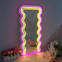 กระจกหยักพร้อมไฟนีออน LED เครื่องสำอางแต่งหน้า Wave Mirror โคมไฟกลางคืน Girls Home Room ตกแต่งกระจกแต่งหน้า Lights