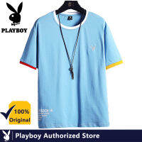 PLAYBOY ชายฤดูร้อนผ้าฝ้ายคอกลมแฟชั่นสีตัด Cuff เสื้อยืดสั้น