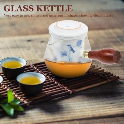 1 Set Teapot Hand Painting Heat-resistant Glass Teapot Kung Fu Teapot with Wooden Handle Tea Making Tool