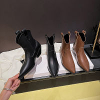 Caohuatang3High ส้น Boots Denim ตะวันตก2023ฤดูใบไม้ร่วง/ฤดูหนาว,Sepatu BOOT Pendek หนาปานกลางรองเท้าบู๊ตผู้หญิงแหลมหนังวัวคอวี Womencaohuatang3