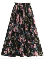 【CC】♗  Fashion A-line Pleated Skirts Temperament Print Elastic Waist Floral Korean