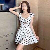 【Ladies shop】3470PrintedDress ผู้หญิงปิดไหล่เซ็กซี่ A-Line Excepout คอวีลึกเอวสูง