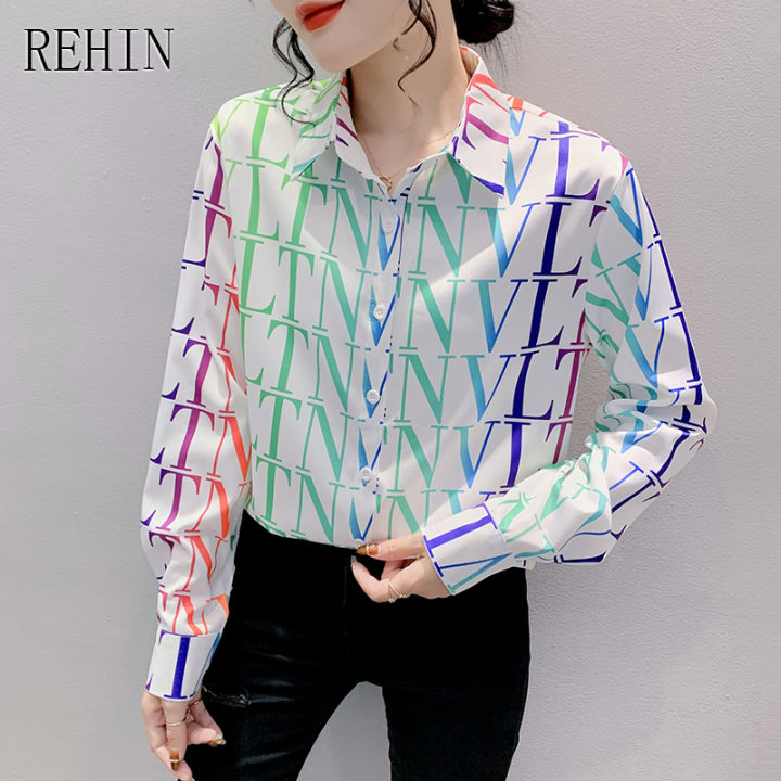 rehin-ของผู้หญิงฤดูใบไม้ร่วงและฤดูหนาวแฟชั่นใหม่พิมพ์เสื้อแขนยาวดอกไม้พิมพ์หลวมปกเสื้อชีฟองหรูหรา