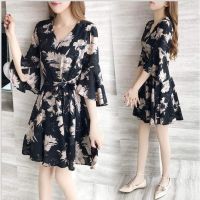 COD DSTGRTYTRUYUY New Fashion Summer Outfit Women Beach Plus Size Dress of 2022 Maxi Dress Floral Printing Chiffon Tie Style Tall Waist Show Thin