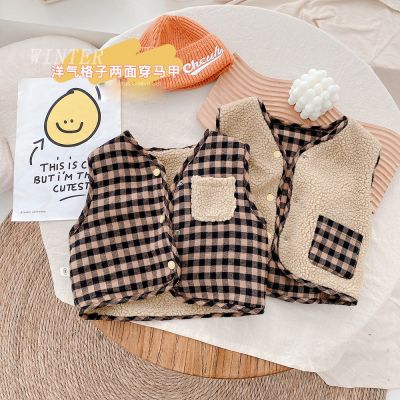 （Good baby store） Korean Kids Vest Boys Sleeveless Jackets Autumn Winter Fleece Baby Toddler Girls Warm Coat Children  39;s Plaid Vest Outwear Clothes