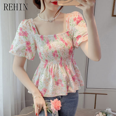 REHIN เสื้อเสื้อแขนสั้นมีปกสี่เหลี่ยมและเรียบสไตล์เกาหลีใหม่ฤดูร้อนแขนพองเสื้อผู้หญิงดอกไม้