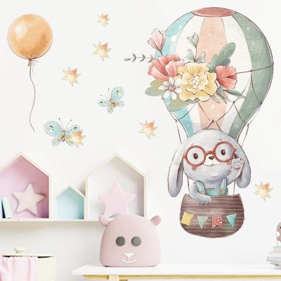 Hot air balloon Bunny Cartoon Animals Wall Stickers for Baby Room Decor Removable Animals PVC Wall Decals Home Decor Art Murals
