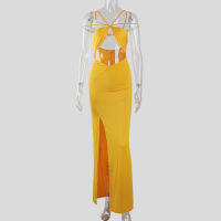 Karlofea New Summer Long Dress For Women  Vacation Outfits Sexy Strappy Slit Dresses Fashion Yellow Jersry Robe Clothing