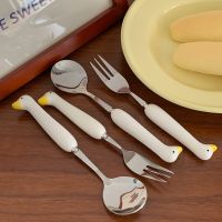 Cute Duck Ceramic Dessert Fruits Ice Cream Spoon Home Dorm Stainless Steel Salad Steak Fork Portable Picnic Camping Cutlery Set Serving Utensils