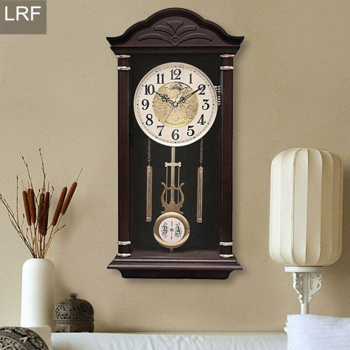 LRF Retro Wood Quartz Wall Clock Mute Pendulum Clock European Style