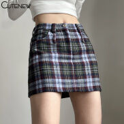 Cutenew Đầm Mini Phong Cách Đại Học Cổ Điển Retro Hoa Văn Kẻ Sọc Vuông Eo