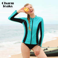 Charmleaks ผู้หญิงแขนยาวซิป Rashguard ชุดว่ายน้ำท่องด้านบนผื่นยามซิป UPF50วิ่งเสื้อขี่จักรยานเสื้อชุดว่ายน้ำ