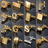 【YF】 Luxury Gold Color Cufflinks for Gentleman Warrior/Letters/Trumpet/Rugby/Gems/Knot Men Cuff Links Jewelry Tie Clips Gifts