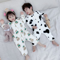 Soft Flannel Childrens Clothing Kids Pajamas Cute Bear Cow Printed Winter Warm Zipper Jumpsuits For Boys Girls Home Sleepwear