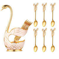 6pcs Set Holder Swan Flatware Spoons Ice Base Teaspoons Cream Spoon Metal Dessert Luxury