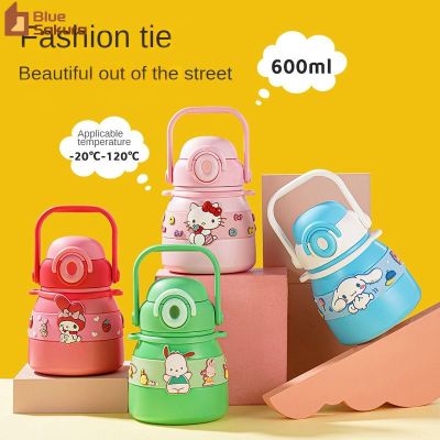 316ถ้วยน้ำร้อนสำหรับเด็กผู้หญิงสีน้ำเงิน Sanrio Kaidi 600มล. ถ้วยสำหรับนักเรียนดื่มคู่ถ้วยรูปการ์ตูนด้วยมือของแมวสีน้ำเงิน