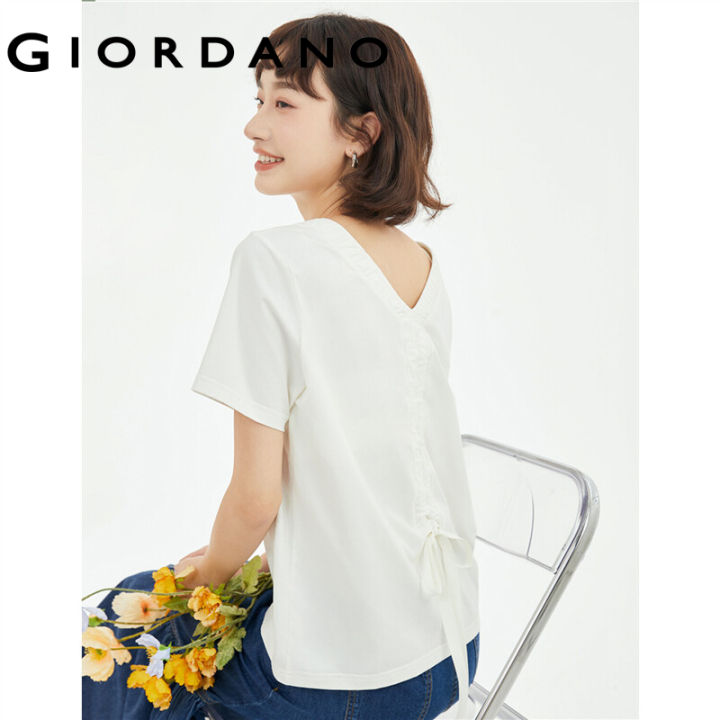 GIORDANO Women T-Shirts Ribbon back Crewneck Relaxed Tee Solid