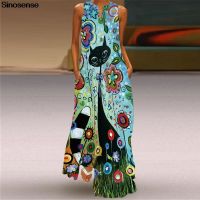 COD DSFDGESERRRRR Women Dresses Sexy Sleeveless V Neck Floral Cat Print Vintage Boho Beach Party Dresses Sundress Casual Loose Long Maxi Dress