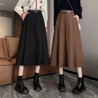 Skirts Women Simple Solid Color Leisure Long Skirt Vintage Elastic Back Waist A-line Female Skirt With Belt Pleated Skirt Autumn