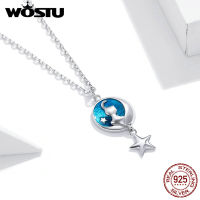 WOSTU 925 Sterling Silver Moon &amp; Cat Star Necklace Blue Enamel Long Chain Link Necklace For Women Fashion Jewelry CQN422