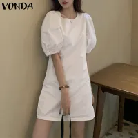 VONDA Womens Casual Shirt Dress Puff Sleeve Short Dress A Line Solid Tunic Dress Plus (Korean Causal)