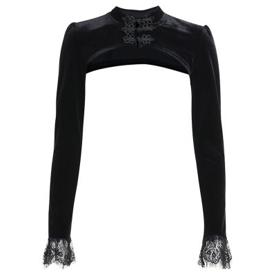 Gothic Hollow Lace Crop Tops สำหรับผู้หญิงแขนยาว Smock Tops Retro ครึ่งเสื้อ Cover Ups False Collar เซ็กซี่ Rave เสื้อยืด