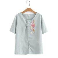 【มีไซส์ใหญ่】Plus Size XL-4XL Womens Full Cotton Summer Shirts Oversized Floral Embroidery A-line Female Tops Large Size Vintage Top