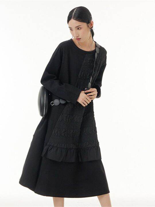 xitao-dress-long-sleeve-black-patchwork-casual-loose-dress