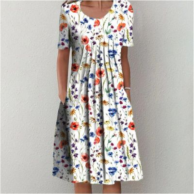 Elegant Flower Print Round Neck Short Sleeve Dress Ladies Pleated Shrink Waist Big Hem Dressy Summer Commuter Casual Gown Women