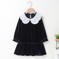 Autumn Winter 2021 New Girls Dress Long Sleeve Peter Pan Collar Dark Blue Solid Cute Sweet Girls Baby Vestidos 2-6T