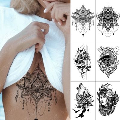 【YF】 Waterproof Temporary Tattoo Sticker Chest Lace Henna Mandala Flash Tattoos Wolf Diamond Flower Body Art Arm Fake Tatoo Women Men