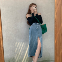 Denim Skirt Female Summer Design Thin Split Denim A-line Long Skirt High Waist Straight Casual Skirt