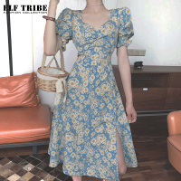 ELF TRIBE ใหม่ชีฟองสแควร์คอพัฟแขนชุด Cheongsam ดอกไม้สำหรับผู้หญิง