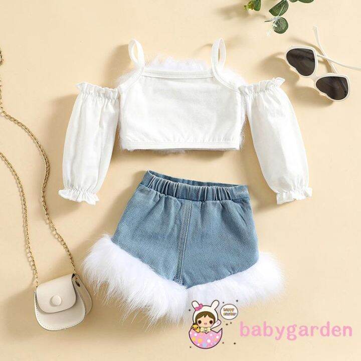 babygarden-เสื้อครอปแขนยาว-เปิดไหล่-และกางเกงยีนขาสั้น-6-เดือน-4-ปี-สําหรับเด็กผู้หญิง