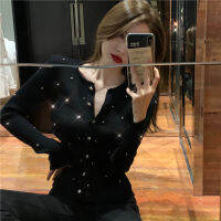 The New Milan Velvet Pure Hand-studded Drilled Long-sleeved Cardigan Single-breasted Pit Strip Knitted Sweater Polo Shirt Women